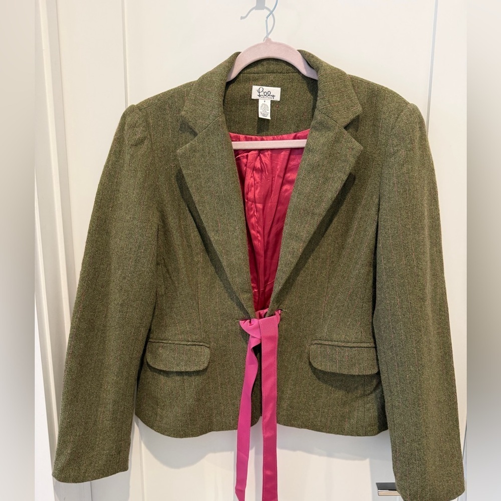 Lilly Pulitzer tie- front Tweed wool blazer size small pink and green